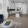 a living room with a blue couch