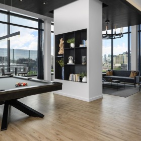 a room with a pool table and large windows
